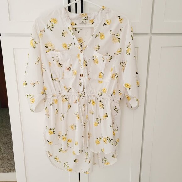 MPH Collection Womens White Floral Blouse Short Sleeve Drawstring Waist 1X BOHO - Picture 1 of 9